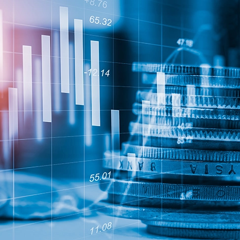 coins with a financial data overlay